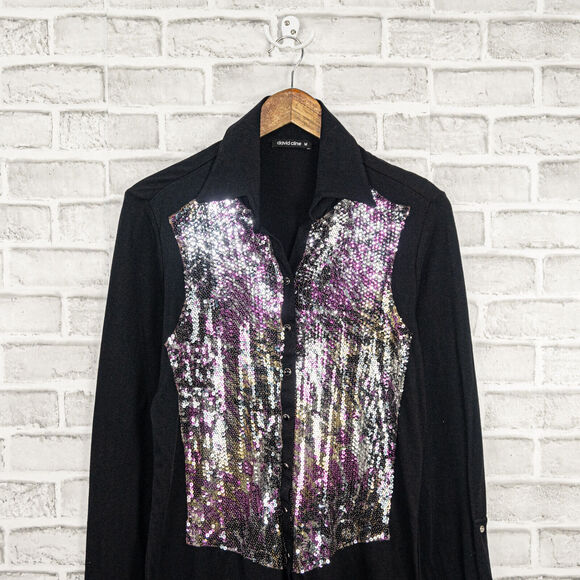 DAVID CLINE Sequin front Button up Blouse Black size Medium - Picture 3 of 8